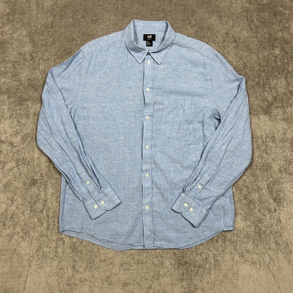 H&M Mens Linen Blend Button Up Shirt XL Slim Fit Long Sleeve Light Blue Casual